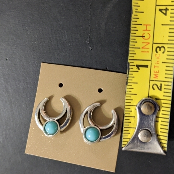 Silver Tone Faux Turquoise Blue Crescent Moon Pierced Statement Earrings - Picture 3 of 3